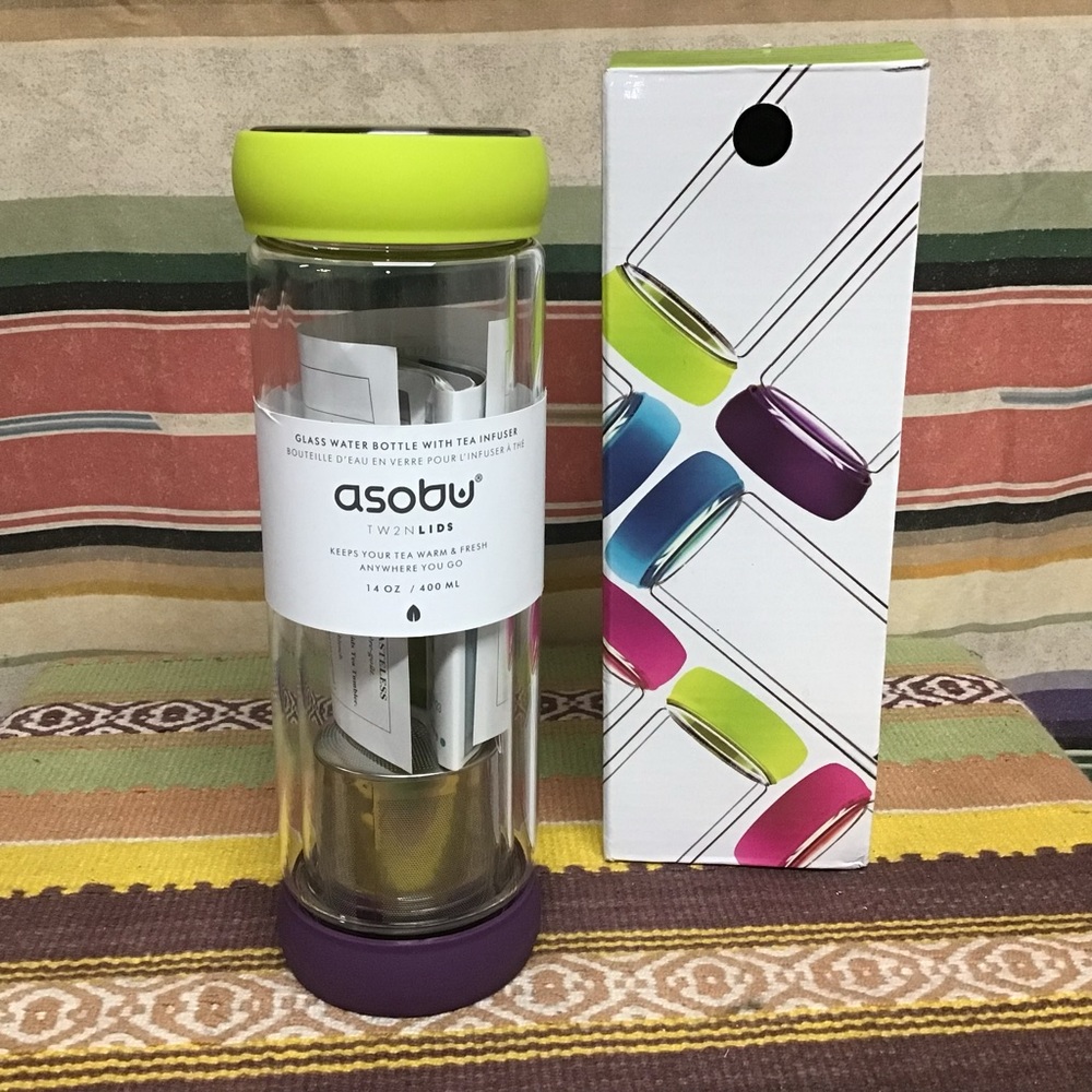 Asobu twin lids tea infuser glass bottle new